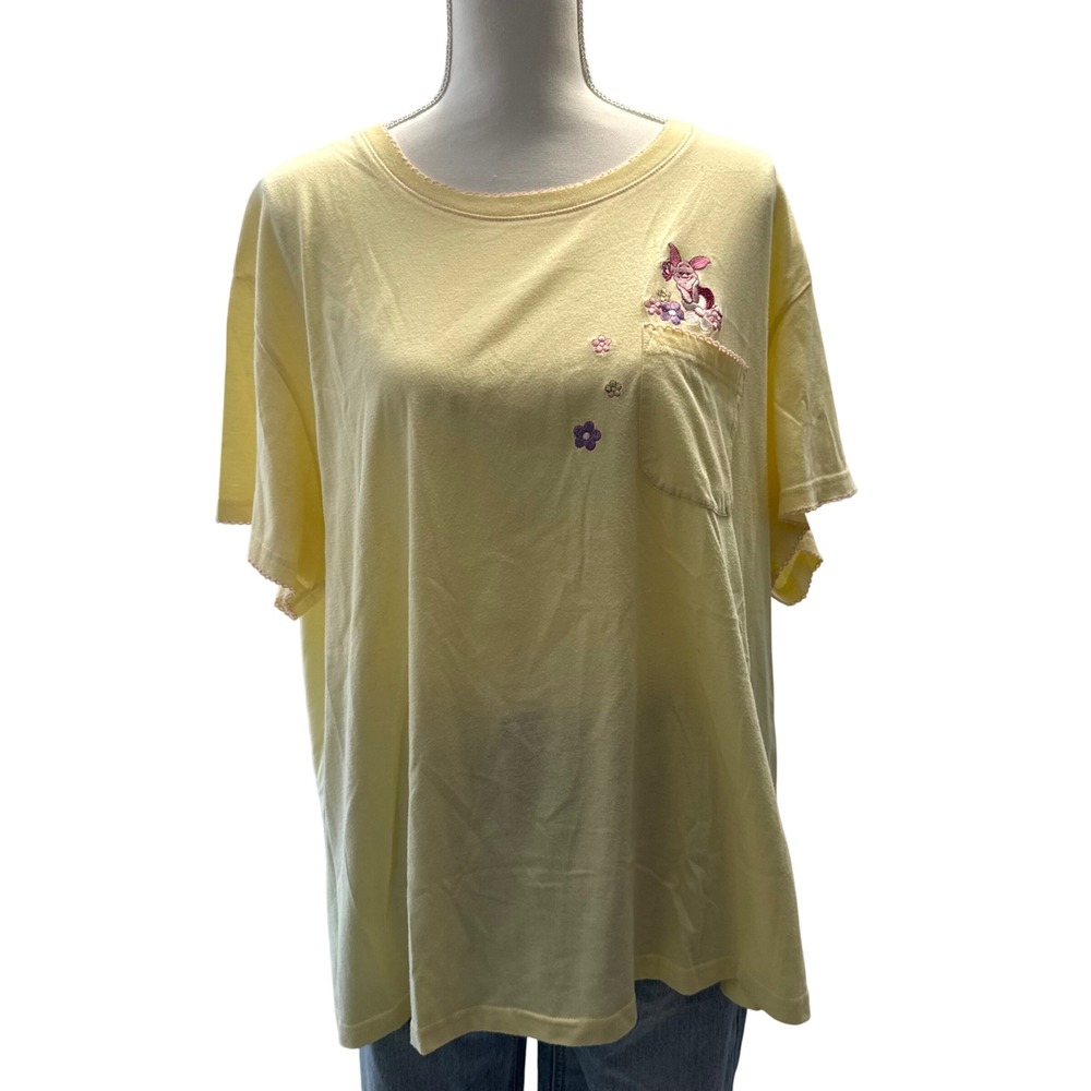 Vintage 90s Disney Winnie the Pooh Floral Piglet Embroidered Yellow T Shirt 2XL
